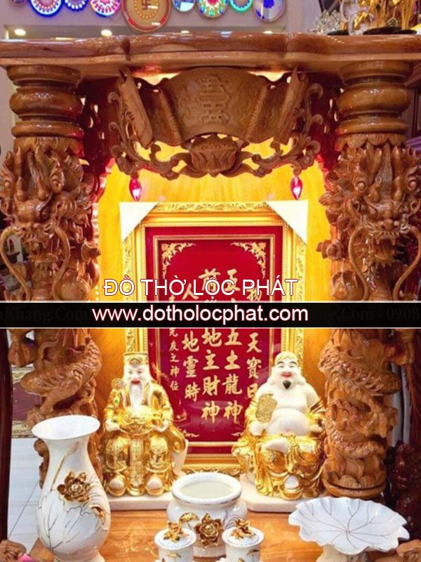 Bàn thờ Ông Địa Thần Tài Cột Rồng đang là một trong những sản phẩm gỗ đình đám của năm