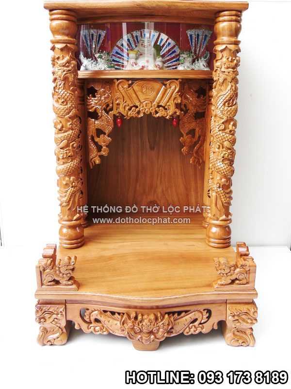 bàn thờ ông địa thần tài đẹp có hộp đèn – mái bằng chất gỗ gõ cao cấp mã BTGG-019