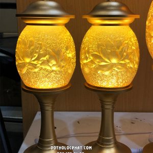 Cặp đèn thờ pha lê vàng nắp ô bằng pha lê lưu ly phối hợp kim đồng mạ vàng cao cấp
