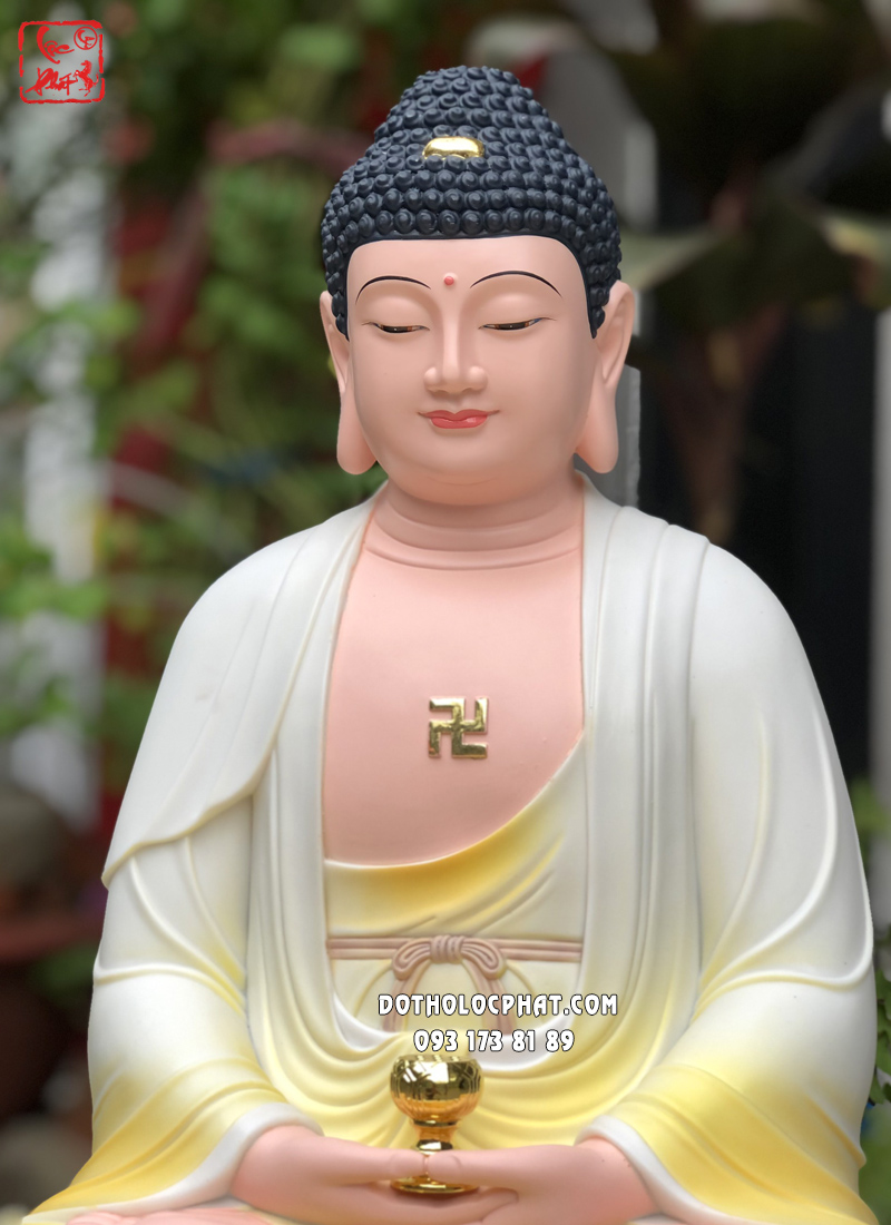 Tượng Phật A Di Đà áo vàng đế sen tròn bằng poly