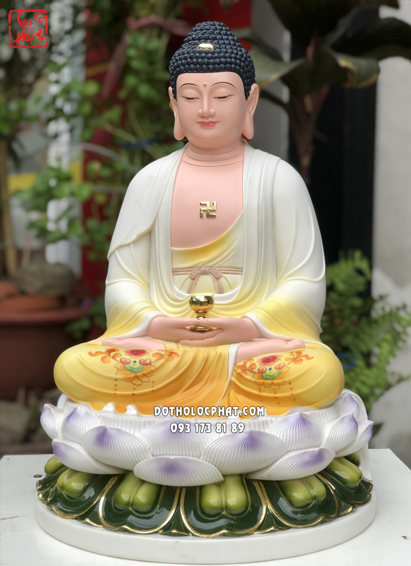 Tượng Phật A Di Đà áo vàng đế sen tròn bằng poly