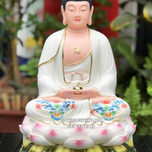 Tượng Phật A Di Đà áo trắng viền vàng vẽ hoa đế sen