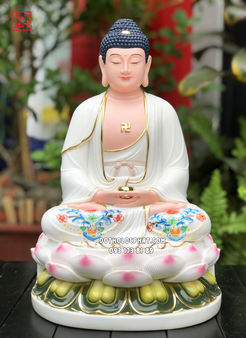 Tượng Phật A Di Đà áo trắng viền vàng vẽ hoa đế sen