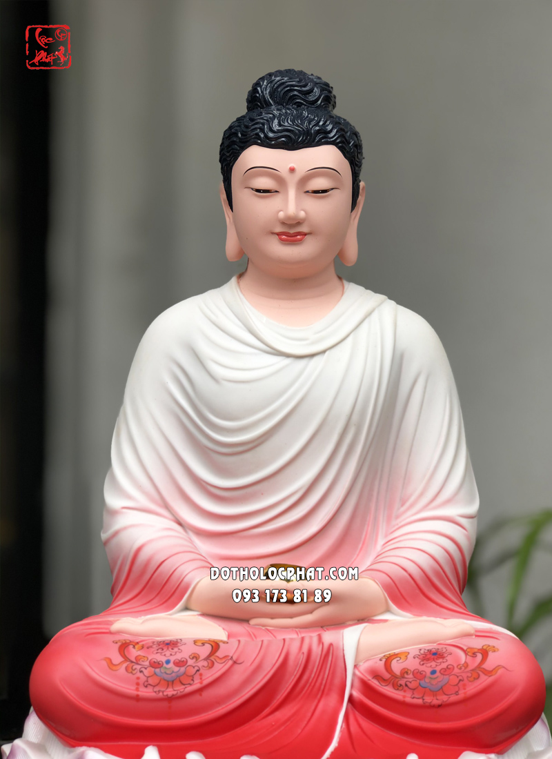 Tượng Phật Bổn Sư Thích Ca Mâu Ni tĩnh tâm áo hồng ngồi đài sen 