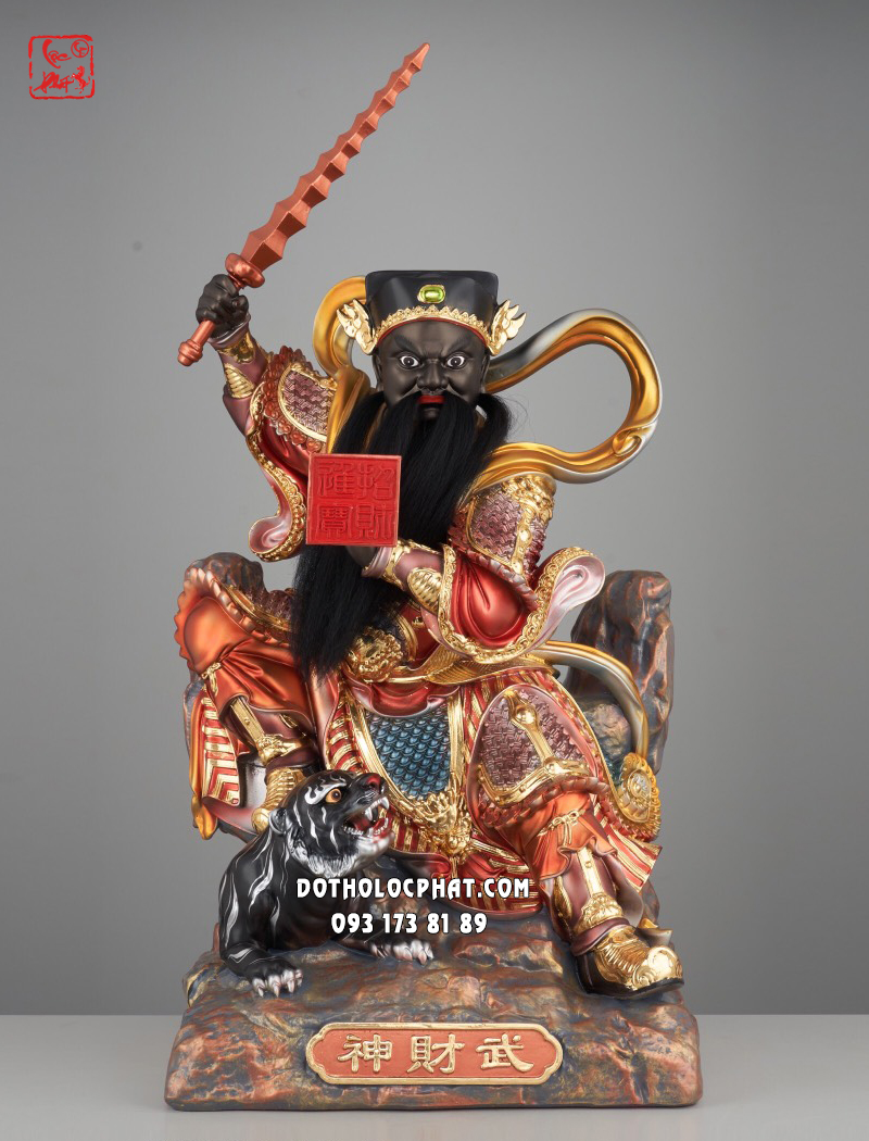 Tượng Võ thần tài Triệu Công Minh bằng cầm ấn ngồi bệ đá bằng composite