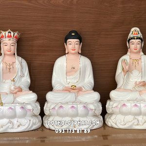 Tượng Ta Bà Tam Thánh Sứ Trắng Sen Hồng TBTT-015